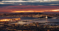 Night light city in Berkeley, CA where cash companies are located